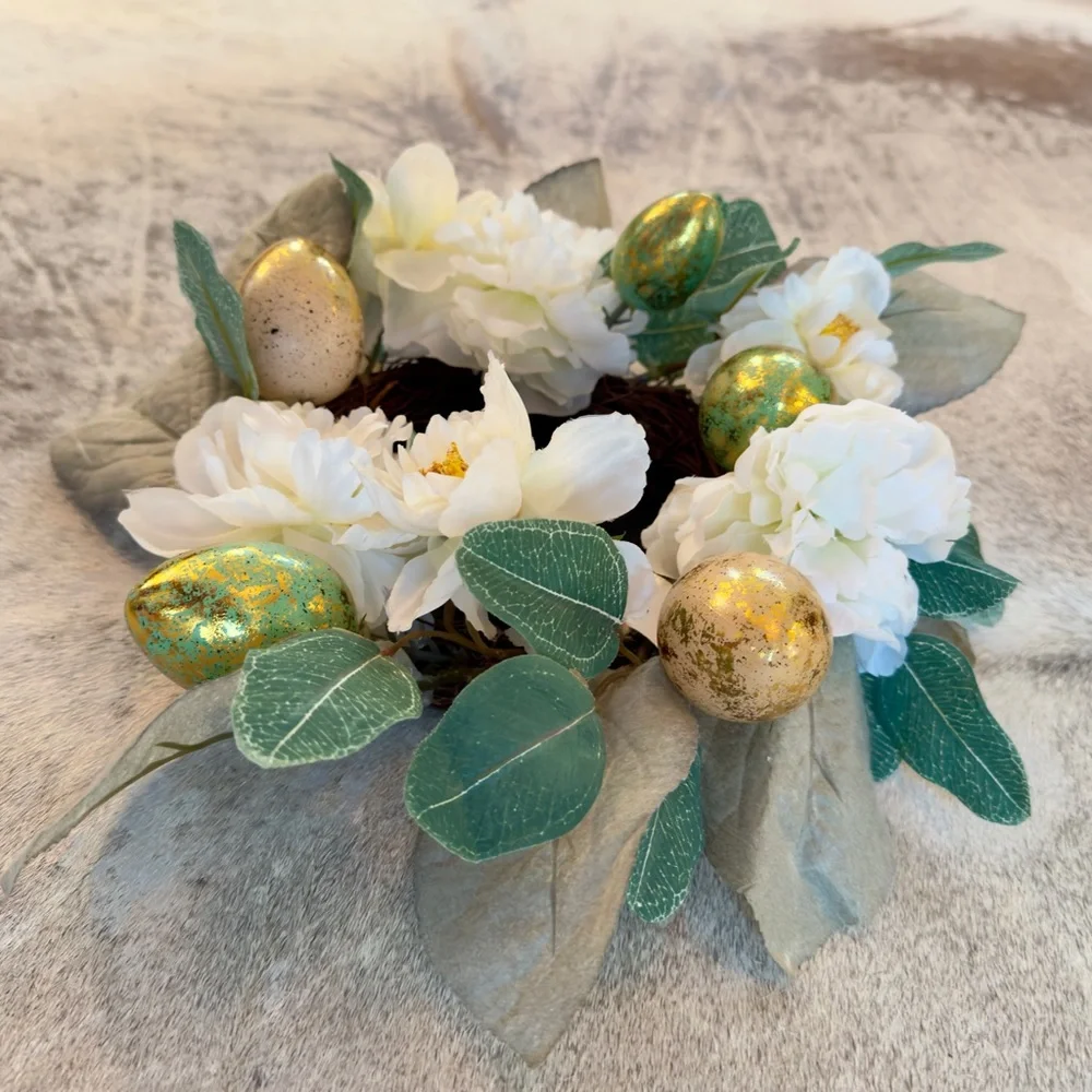 Spring Wreath or Candle Ring Centerpiece Greenery & Pastel Easter Eggs & Flowers